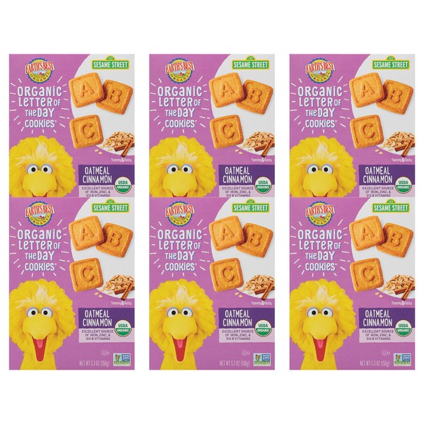 Earth's Best Organic Kids Snacks, Sesame Street Toddler Snacks, Organic Letter of the Day Cookies for Toddlers 2 Years and Older, Oatmeal Cinnamon, 5.3 oz Box (Pack of 6)