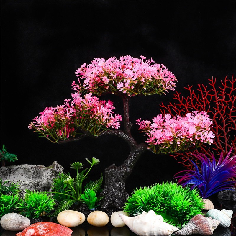 Aquarium Tree Plants Decorations, Artificial Cherry Blossom Tree Grass Set