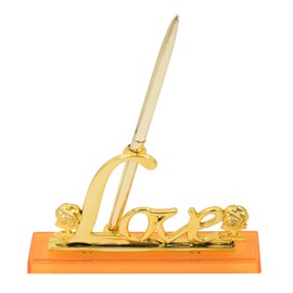 Golden Love & Rose Pen Holder Signing Pen Set for Wedding Bridal Engagement Favors Graduation Opening Ceremony Office Guest Book Accessories Plated Metal Holder with Ballpoint Pen