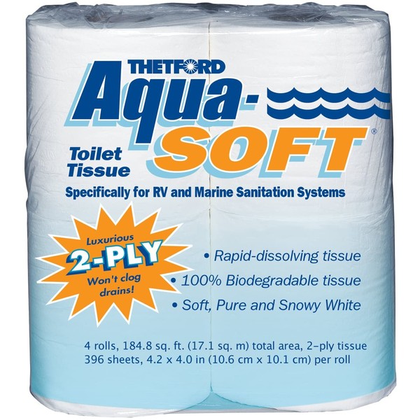 Aqua-Soft Toilet Tissue - Toilet Paper for RV and marine - 2-ply - Thetford 03300 (Pack of 4 rolls) , White