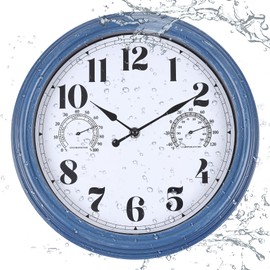 Vigorwise 12 inch Outdoor Wall Clock, Plastic Waterproof Outdoor Clock with Temperature & Humidity, Water Resistant Wall Clocks for Patio Garden, Blue