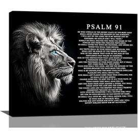 Psalm 91 Wall Art Lion of Judah Pictures Christian Scripture Bible Verse Wall Decor Black and White Canvas Print Painting Artwork for Church Office Living Room 12"x16" - Color: Lion Psalm91, Size: 12×16inch (30×40cm)