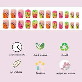 Square Short Medium Press on Nails Colorful Glue on Nails Aesthetic False Nails with Multicolour Spot and Black Strip Designs for Women Artificial Acrylic Glue on Nails for Wedding 24pcs