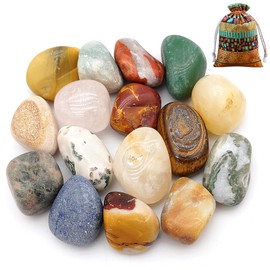 Kisvic Gemstone Set, Mix of Semi-Precious Stones, Practical in Colourful Fabric Bag, Natural Tumbled Stones in Various Sizes 25-30 mm