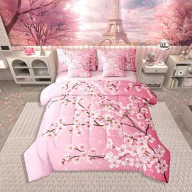 Erosebridal Japanese Sakura Bedding Set for Girls,Cherry Blossom Full Comforter Set 7 Piece Spring Cherry Pink Flower Tree Bed in A Bag Pink Dreamy Flowers Botanical Bed Set for Kids Teen Adults