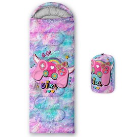 Datura home Kids Sleeping Bag for Girls,Watercolor Splash with Game Console-Lightweight Warm Outdoor Indoor-Waterproof Cold Weather Resistant Sleeping Bag for Camping Hiking(Game 32"*90")