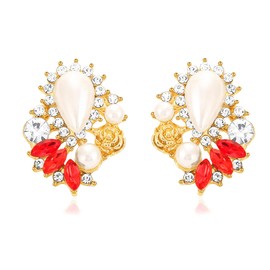 Red Rhinestone Pearl Drop Earrings Faux Pearl Statement Stud Earrings Crystal Wedding Prom Earrings for Women