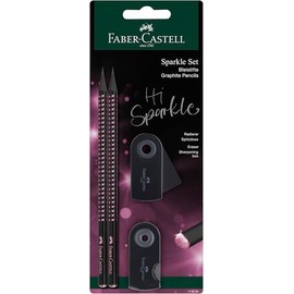 FABER-CASTELL Sparkle Midnight Rose 118296 Writing Set with 2 Pencils, 1 Eraser and 1 Sharpener