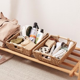 OIAHOMY Storage Baskets, Small Paper Rope Wicker Organizers with Wooden Handles, Baskets for Organizing, 2-Pack, Yellow