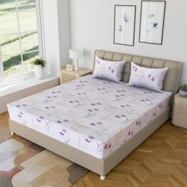 LINENWALAS 100% Cotton Percale King Size Fitted Sheet Only, Printed All Around Elastic Deep Pocket up to 40 cm Premimum Bottom Fitted Bed Sheet 150x190 CM (King, Haze of Lavender)