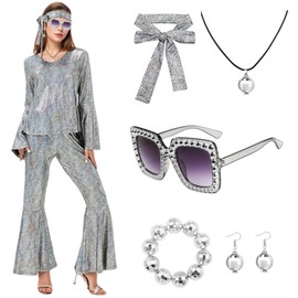 Antsparty 70s Disco Costume for Women, 70s Fancy Dress Outfit with Glasses Necklaces Bracelet, Ladies Sparkly Disco Jumpsuit for 1970s Disco Theme Party
