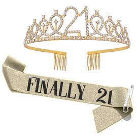 21st Birthday Sash & Rhinestone Tiara Set, 21st Year Old Birthday Gifts for Her Party Supplies Decorations for Women (Glitter Gold)