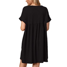 Jayscreate Women's Summer Baby Doll Dress for Women Casual V Neck Flowy Tunic Pleated Swing Short Sleeve Black Mini Dress