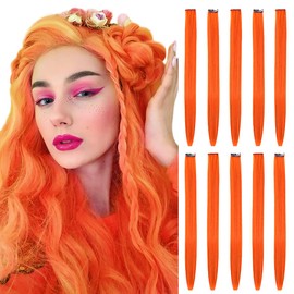 10pcs Colored Clip in Hair Extensions 22" Straight Fashion Hairpieces for Party Highlights Pink (22", Orange)