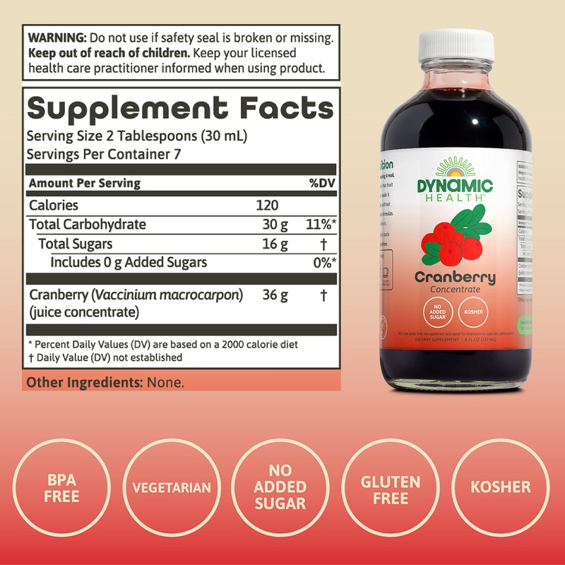 Dynamic Health Pure Cranberry Juice Concentrate, Unsweetened, Natural Antioxidant Support,