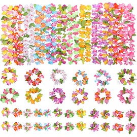 48 Pieces Hawaiian Leis Party Decorations, Hawaiian Flower Necklace Flowers Bracelets Headband, for Tropical Hawaiian Party Theme Beach Party Hawaiian Night Bar Beach Vacation