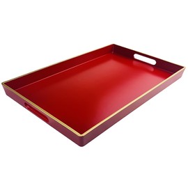 Umisriro Red Decorative Tray, Rectangular Serving Tray with Handles, Plastic Coffee Table Tray for Ottoman, Living Room, Kitchen Tabletop, 15.74” x 10.25” x1.37”