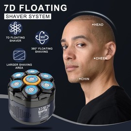 Hatteker Kopf Rasierer für Männer, 7D magnetischer elektrischer Rasierer für kahle Männer, IPX6 wasserdichte nasse/trockene Männer Grooming Kit, Rotary Rasierer Rasierer Kit mit LED-Anzeige (Blau)