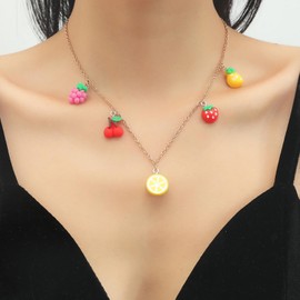 Inilbran Boho Strawberry Necklace Choker Acrylic Grape Choker Necklace Vintage Cherry Dangle Necklace Chain Gold Lemon Pendant Necklace for Women and Girls