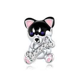 925 Sterling Silver Siberian Husky Dog Bone Bead Charm Silver Pendant,Jewelry Beads Gifts for Women Bracelet&Necklace