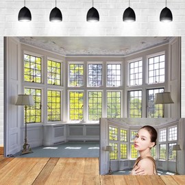 Xiaoterna 12x8ft European Building Interior Backdrop Vintage White Wooden Window Photography Background Large Window Nature View Room Business Online Meeting Decoration Portrait Photo Booth Props
