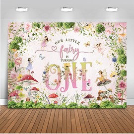 Mocsicka Fairy 1st Birthday Backdrop Princess Girl Happy First Mushroom Fairy Birthday Background Little Flowers Fairy Tale Wonderland Birthday Party Decoration Banner (Pink, 7x5ft)