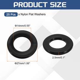sourcing map 25Pcs M14 Nylon Flat Washers Plain Washer 14mm ID 27mm OD 2.5mm Thick Plastic Spacers for Screws Bolts Garden Faucet Plumbing Repair, Black