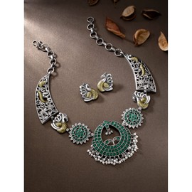 Aheli Traditional Silver Plated Choker Necklace with Earring Ethnic Oxidised Jewelry Set Gift for Women Green