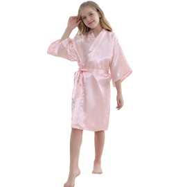 MORFORU Girls Kids Solid Color Silky Satin Kimono Robe for Wedding Spa Party, Short (Pink, Tag 8)