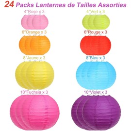ASelected Pack of 24 Colourful Paper Lanterns, 25/20/15/10 cm Paper Lanterns, Round Lampshade, Paper Lantern, Colourful Paper Lantern for Weddings, Birthdays