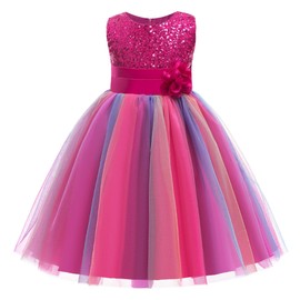 Mecamelon Little Girl's Sequin Sleeveless Mesh Rainbow Party Wedding Flower Dress with Accessories (5-6 Years, Rose)