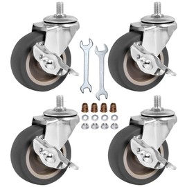BAISASY Caster Wheels, 3 Inch Stem Casters Set of 4, Heavy Duty Swivel Wheel with Brake, Metric Size M8-1.25-15 (Screw Diameter 8mm, Screw Length 15mm) Casters for Workbench Trolley, Furniture Dolly