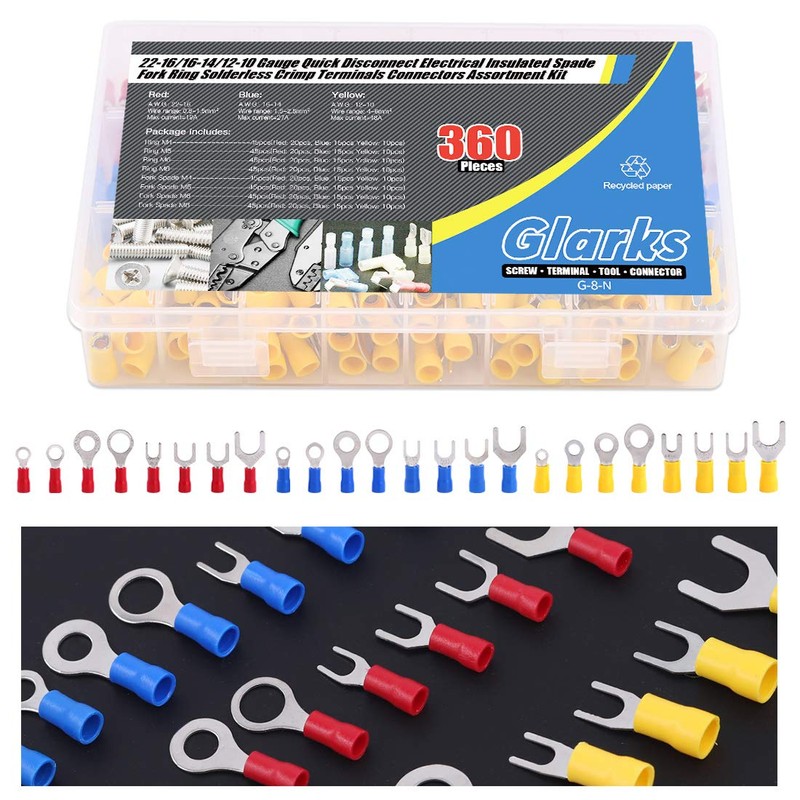Glarks 360pcs 22-16/16-14/12-10 Gauge Quick Disconnect Electrical Insulated Spade Fork