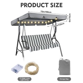 Patio Swing Canopy Replacement with LED Lighted, 2-3 Seater Outdoor Swing Canopy Replacement, 210D Oxford Anti-UV Waterproof Windproof Patio Swings with Canopy Covers (Grey, 75×52×6 inch)