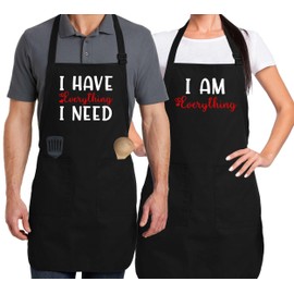 shop4ever I Have Everything I Need & I am Everything Couples Matching Kitchen Apron's with Pockets Baker Cook Gift Set of 2 (Black)