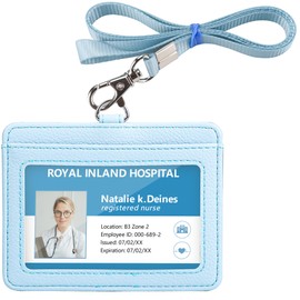 Teskyer Badge Holder with Lanyard, Leather ID Name Badge Card Holder with Lanyard for ID Badges, Horizontal, Lychee Pattern Cyan