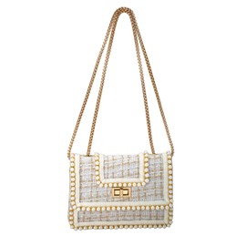 KERYHEBN Crossbody Bag Clutch for Women Small Handbag Vintage Tweed Pearl Chain Purse Evening Satchel Shoulder Bag Cross body, White2