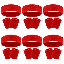 18 Pcs Sweatbands Headband Wristband Set Colorful Striped Terry Cloth Sports Athletic Gym 80s Sweat Headbands Wrist Bands (Red)
