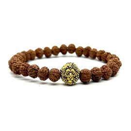 Unleash Inner Strength & Grounding: Handmade 5 Mukhi Rudraksha & Golden Polished Lion Head Bracelet (8mm) - Root Chakra & Universal Sun Sign