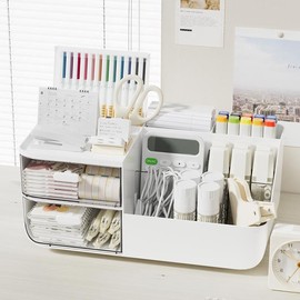 Witwatia Desk Organizer with 2 Drawer, Plastic Desk Organizers and Storage with 5 Compartments, Cosmetic Makeup Storage Box with 3 Pen Holder, Desktop Organization for Bathroom School Home Office
