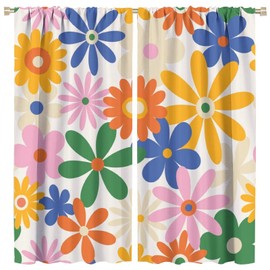 JanJCurt 70s Retro Flower Curtains, 60s Vintage Groovy Daisy Flowers Blackout Window Drapes, Boho Hippie Bright Colorful Floral Print Window Treatments for Living Room Kids Bedroom Decor 42x54 Inch