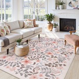 Lahome Fall Floral Bedroom Rug 8x10 Under Bed Decor,Boho Apricot Warm Carpets for Living Room,Washable Stain Resistant Area Rugs for High Traffic,Nursery,Dorm