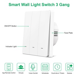Smart Alexa Lichtschalter,Wlan schalter Funk Wandlichtschalter Touch Lichtschalter,Kompatibel mit Tuya App,Smart life APP,Alexa,Google Home,Fernbedienung Timer Funktion (3 Gang)