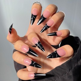 Press on Nails Pointed Almond Glossy Full Cover Acrylic Almond Medium Length Black French False Nails with Silver Line Designs Artificial Fake Nails Glue ons Nails Stick on Fingernails for Women