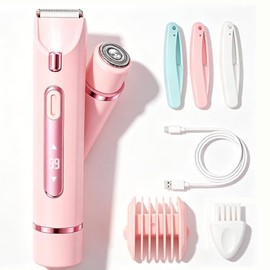 Bikini Trimmer for Women, 2 in 1 Dual Head Bikini Shaver for Sensitive Skin, Smooth Hair Removal with 3 Folding Eyebrow Razors