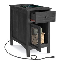 VASAGLE Side Table with Storage, End Table with USB Ports and Outlets, Nightstand with Charging Station, Drawer, Storage Cabinet, Magazine Rack, for Living Room, Bedroom, Charcoal Gray ULET312T22