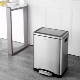 happimess HPM1004A Open Double Bucket Garbage Bin with Soft Close Step, Durable Pedal for Home, Office, Kitchen Trash Can, 7.9 Gallon, Stainless Steel