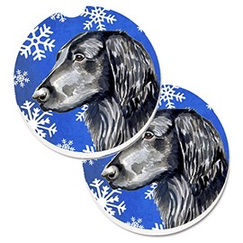Caroline's Treasures LH9276CARC Flat Coated Retriever Winter Snowflakes Holiday Set of 2 Cup Holder Car Coasters Absorbent Sandstone Coasters for Car Cup Holders Gifts for Men or Women, Large, Multico