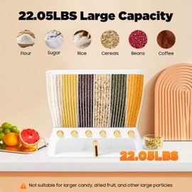 6 Grid Dry Food Dispenser, 22lb Capacity Grain Storage Dispenser w/Removable Dividers, One-Touch Countertop Clear Container for Rice Coffee,16.54x14.17in