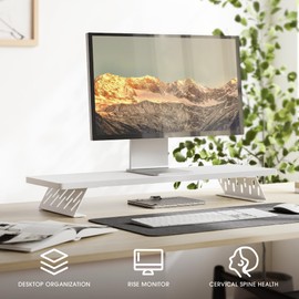 Fenge Monitor Stand Riser, 32 inch Desk Top Monitor Shelf for 2 Monitors, Computer Monitor Stands for Desk, Wood & Steel Desktop Riser for Computer, Laptop, PC, Printer